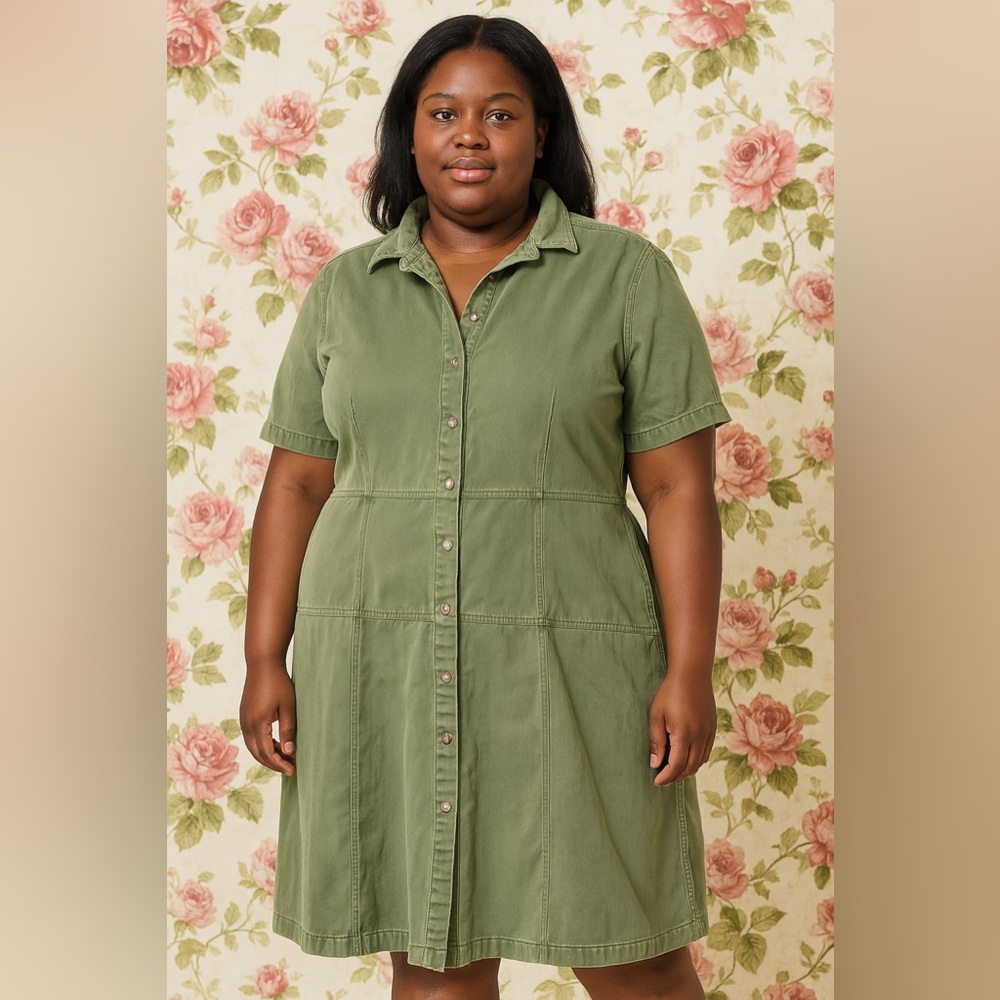 Free Assembly Green Button-Up Denim Dress